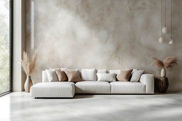 Positioned against a simple background of light brown and cream, the white sofa enhances a stylish and creative environment.