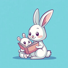 Obraz premium Cartoon illustration of two cute white Easter bunnies reading a book on a blue background