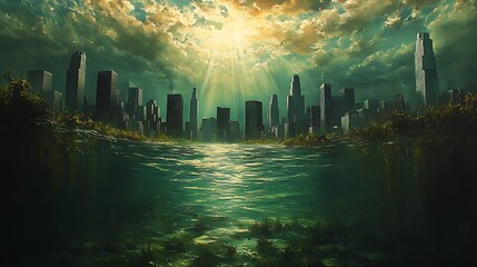 Fototapeta premium Sunlit flooded city skyline, apocalyptic scene, environmental art