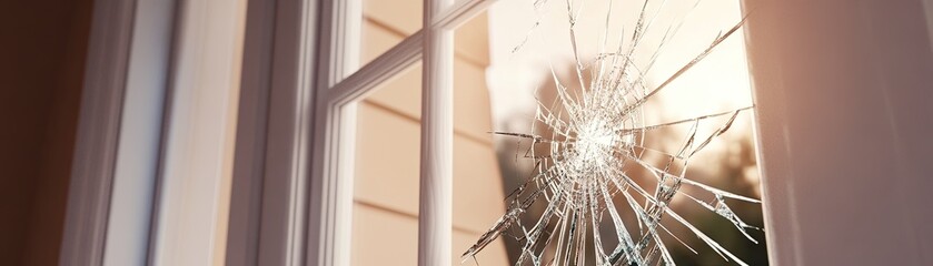 Broken window pane, house exterior, sunset, damage. Insurance claim