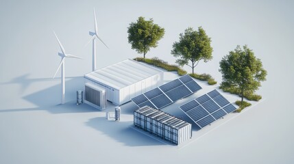 Isometric 3D render of wind turbines solar panels and a battery bank isolated on a white background Depicts alternative renewable power generation and electricity production in the