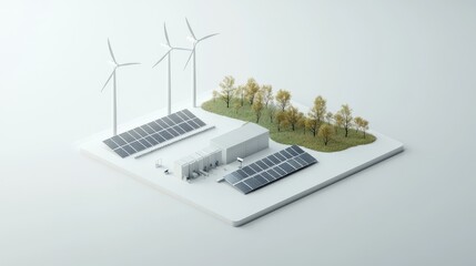 Isometric 3D render of wind turbines solar panels and a battery bank isolated on a white background Depicts alternative renewable power generation and electricity production in the