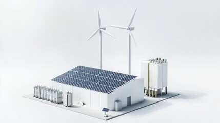 Isometric 3D render of wind turbines solar panels and a battery bank isolated on a white background Depicts alternative renewable power generation and electricity production in the