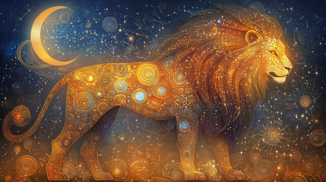 Leo:The Lion Majestic lion illustration with celestial motifs, glowing stars, moonlit ambiance, cosmic patterns, symbolizing strength and mysticism. Ideal for fantasy art enthusiasts.