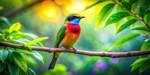 Obraz premium Stunning Tilt-Shift Photography of a Vibrant Bird on a Lush Tree Branch in a Dreamy Forest Setting, Showcasing Nature's Beauty with Miniature Effects