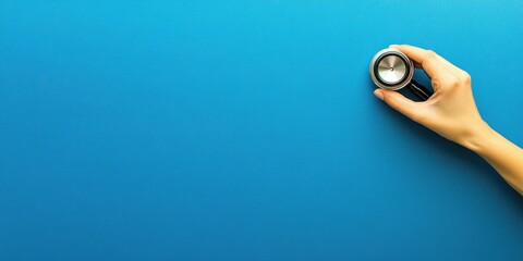 A hand holding a stethoscope on a blue background