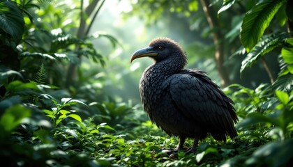 Fototapeta premium A dark plumaged bird with a large curved beak perches amongst verdant jungle vegetation, Generative AI