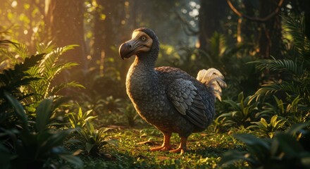 A dodo bird stands amidst lush vegetation with the sun casting golden rays, Generative AI