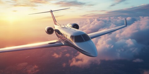 Fototapeta premium A small white jet plane is flying through the sky