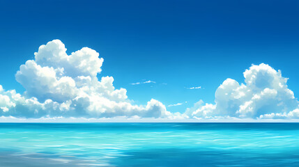 Blue sky, white clouds, and calm turquoise ocean water. Ocean Horizon. Illustration