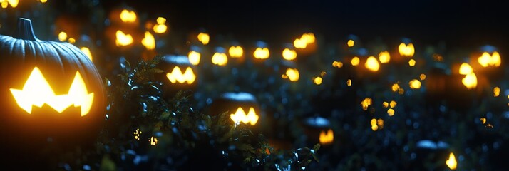 Halloween pumpkins glowing dark field night spooky