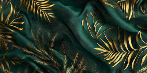 Luxurious emerald green and gold fern leaf design with high detail and glowing accents.