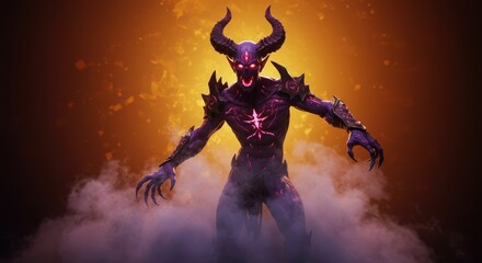 Fototapeta premium A horned purple demonic figure with glowing red eyes stands amid smoke and embers, Generative AI