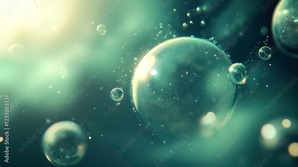 Poster soft focus green bokeh background with glowing light orbs abstract design