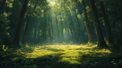 Obraz premium Sunbeams in Forest, Green Moss, Nature Background