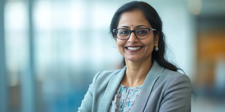 A woman wearing glasses and a gray jacket is smiling