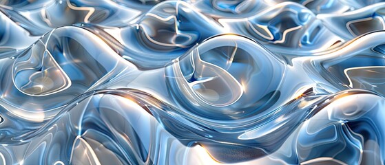 Abstract waves of glossy blue and silver fluid textures create a dynamic visual effect.