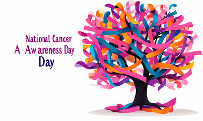 A Symbol of Hope: Multicolored ribbons intricately shape a vibrant tree, embodying the spirit of national cancer awareness day.