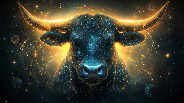 Taurus:The Bull Digital cosmic bull art captures celestial beauty, merging astrology and mythology. Stunning space-themed imagery highlights Taurus star constellation.
