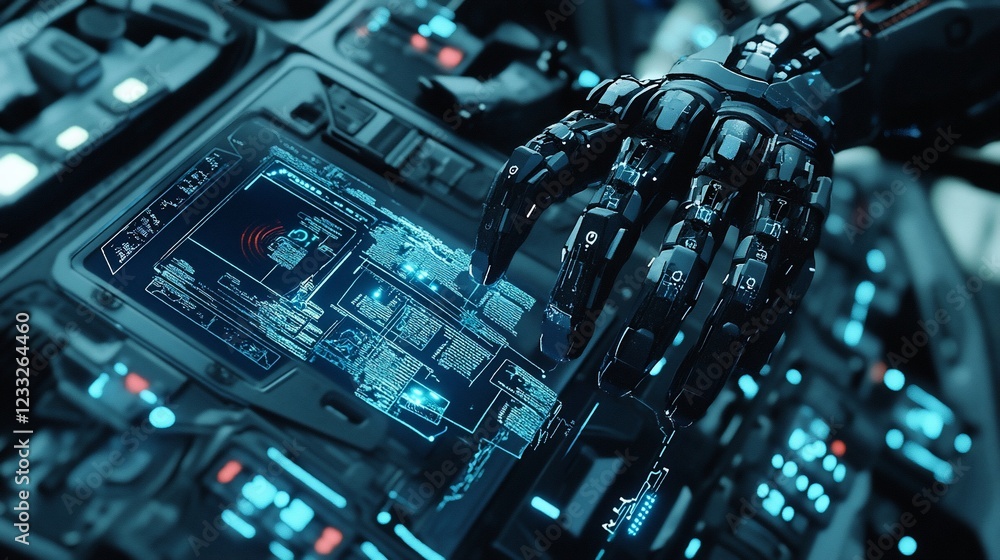 Poster a robotic hand interacts with a futuristic touch screen interface in a close up view