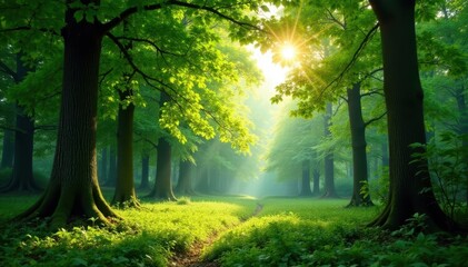 Obraz premium Sun-dappled green forest panorama, lush deciduous trees, landscape, serene