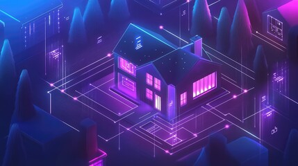 Isometric smart home concept Private house formed by digital codes with IoT technology for cyber safety A digital protection banner for smart home systems