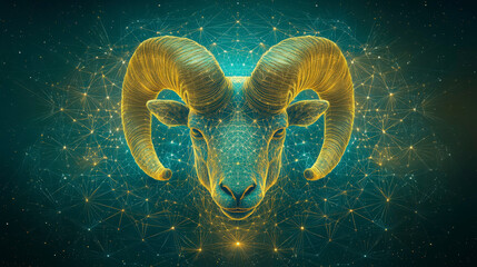 Obraz premium Aries:The Ram Vibrant digital ram illustration with golden horns, showcasing intricate geometric patterns. Ideal for wildlife art and tech enthusiasts.