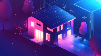 Isometric smart home concept Private house formed by digital codes with IoT technology for cyber safety A digital protection banner for smart home systems