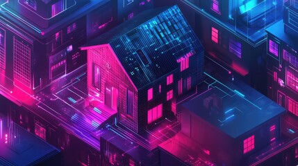 Isometric smart home concept Private house formed by digital codes with IoT technology for cyber safety A digital protection banner for smart home systems