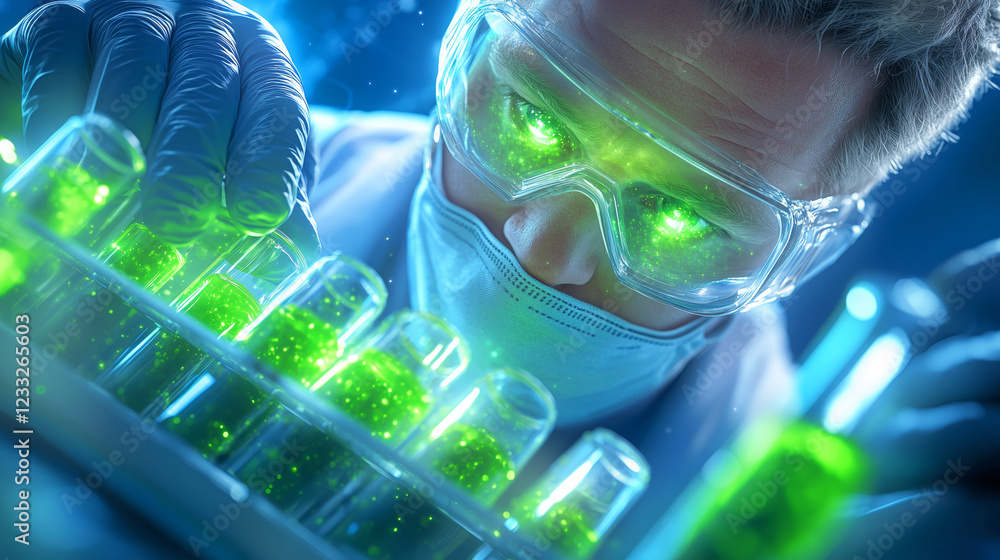 Poster scientist in lab experimenting with glowing samples