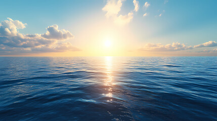 Fototapeta premium A large body of water beneath a blue sky, with the sun casting golden rays upon its blue horizon. Ocean Horizon. Illustration