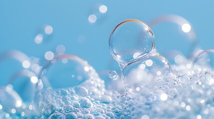 Soap bubbles on blue background. Detergent foam bubble on water