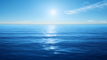 Obraz premium A serene blue ocean scene with blue waters, blue sky and sunlight reflecting on water, blue sea and sky background,banner panorama tranparent water sea. Ocean Horizon. Illustration