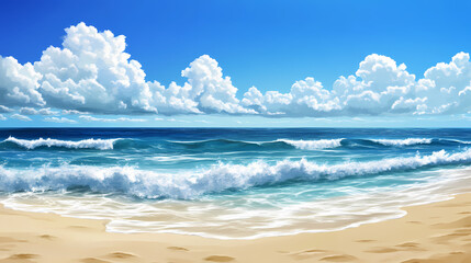 Fototapeta premium Beautiful summer beach scene with blue sky, white clouds, ocean waves, and sandy beach. Ocean Horizon. Illustration