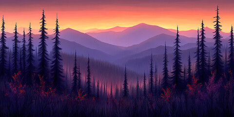 Digital illustration of a forest with mountains at sunset in warm and violet tones. Generated with AI.
