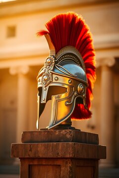 An ornate gladiator helmet gleams under golden sunlight.
