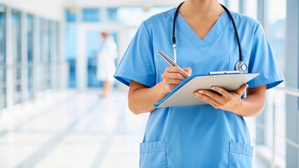 Healthcare Professional in Scrubs Taking Notes in Bright Medical Environment