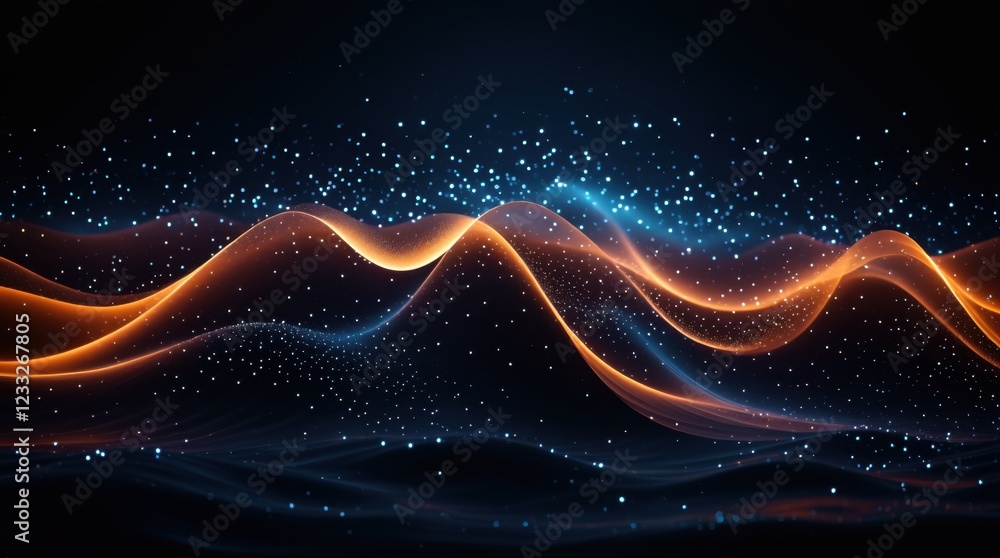 Poster shimmering particles merge with undulating waves on a dark canvas filled with light