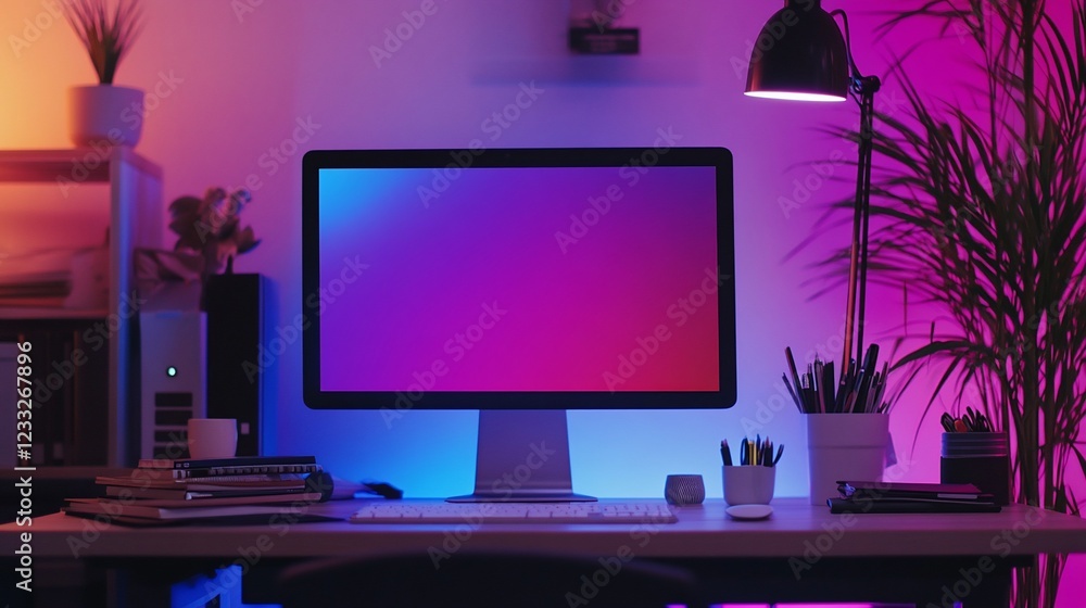 Poster modern workspace with desktop computer illuminated by vibrant neon lights showcasing creativity and 