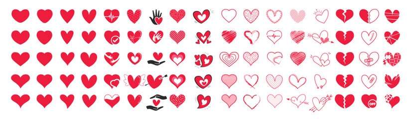 Heart red love clipart set. Heart shape icon in drawing, doodle, outline, sketch, scribble and hand drawn clip art collection for valentine's day. Vector illustration love sign flat graphic elements. 