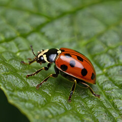 Obraz premium Ladybug on a Leaf: A vibrant red ladybug with black spots perches gracefully on a vibrant green leaf, showcasing the intricate details of its exoskeleton and delicate legs. 