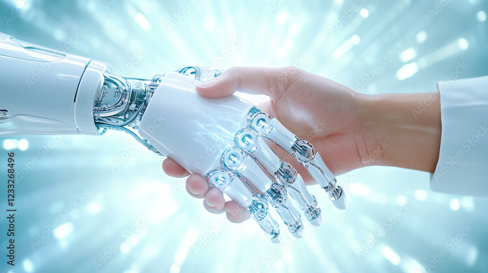 Poster human and robot hands shaking in a futuristic setting