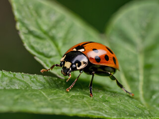 Naklejka premium Ladybug on Leaf: A vibrant ladybug with distinctive red and black markings rests on a lush green leaf, showcasing intricate details in a close-up shot. 