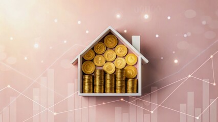 Concept of real estate investment using coins in a house model on a soft pink background