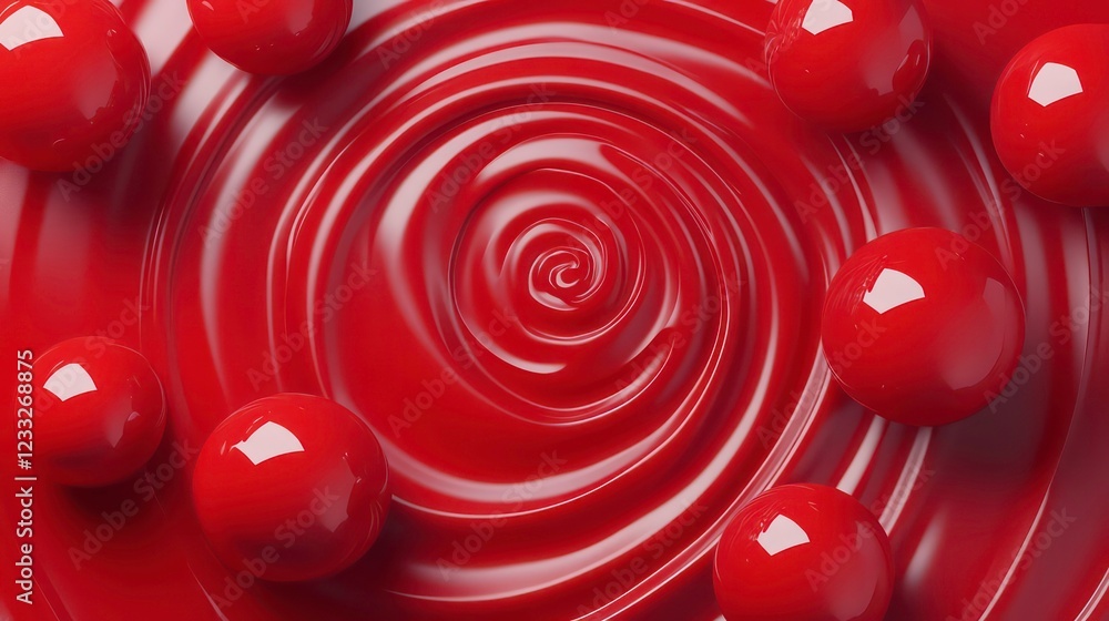 Poster Top view red swirl pattern balls background. 3d rendering picture.