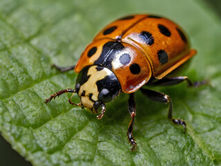 Fototapeta premium Twenty-two Spotted Ladybug Closeup: A vibrant orange and black ladybug with twenty-two spots rests on a lush green leaf, showcasing intricate details in a striking macro photograph.