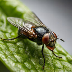 Fototapeta premium Close-Up of a Fly: Intricate details of a fly's multifaceted eyes, translucent wings, and body are showcased in this extreme close-up macro shot, perched on a vibrant green leaf.