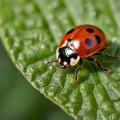 Ladybug on a Leaf: A vibrant red ladybug with black spots rests on a lush green leaf, showcasing intricate details in a close-up macro shot.  