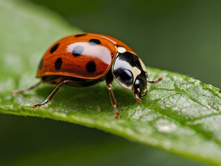 Ladybug on Leaf: A vibrant red ladybug with black spots perches on a dew-kissed green leaf, its tiny legs clinging to the delicate surface. Captured in exquisite detail.
