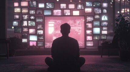 Man meditates before large screen displaying numerous images and data.